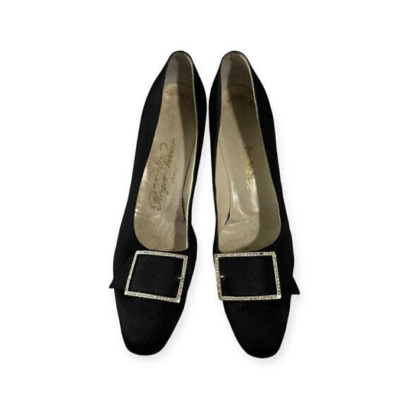 Vintage 60s Roger Vivier Black Satin Evening Pumps with Rhinestone Buckles - Picture 4 of 14